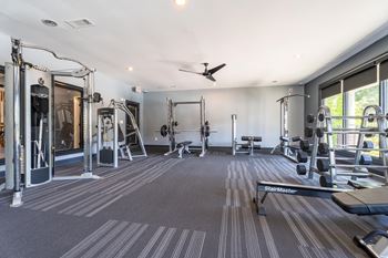 A spacious gym with a variety of equipment including a treadmill, weights, and a bench.